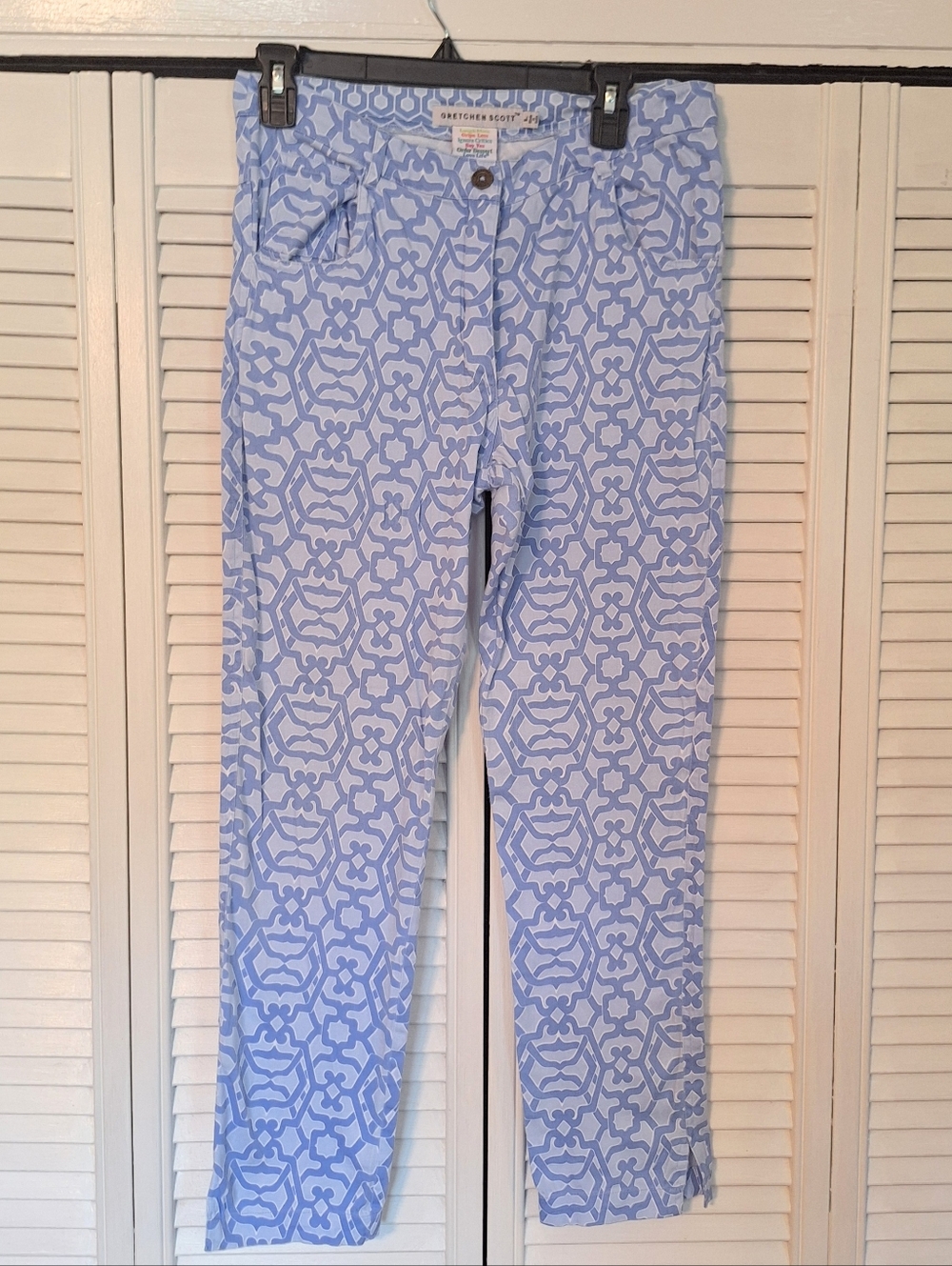 Gretchen Scott Gripe Less Blue Geo Print Crop Pants Sz Large - Picture 2 of 6